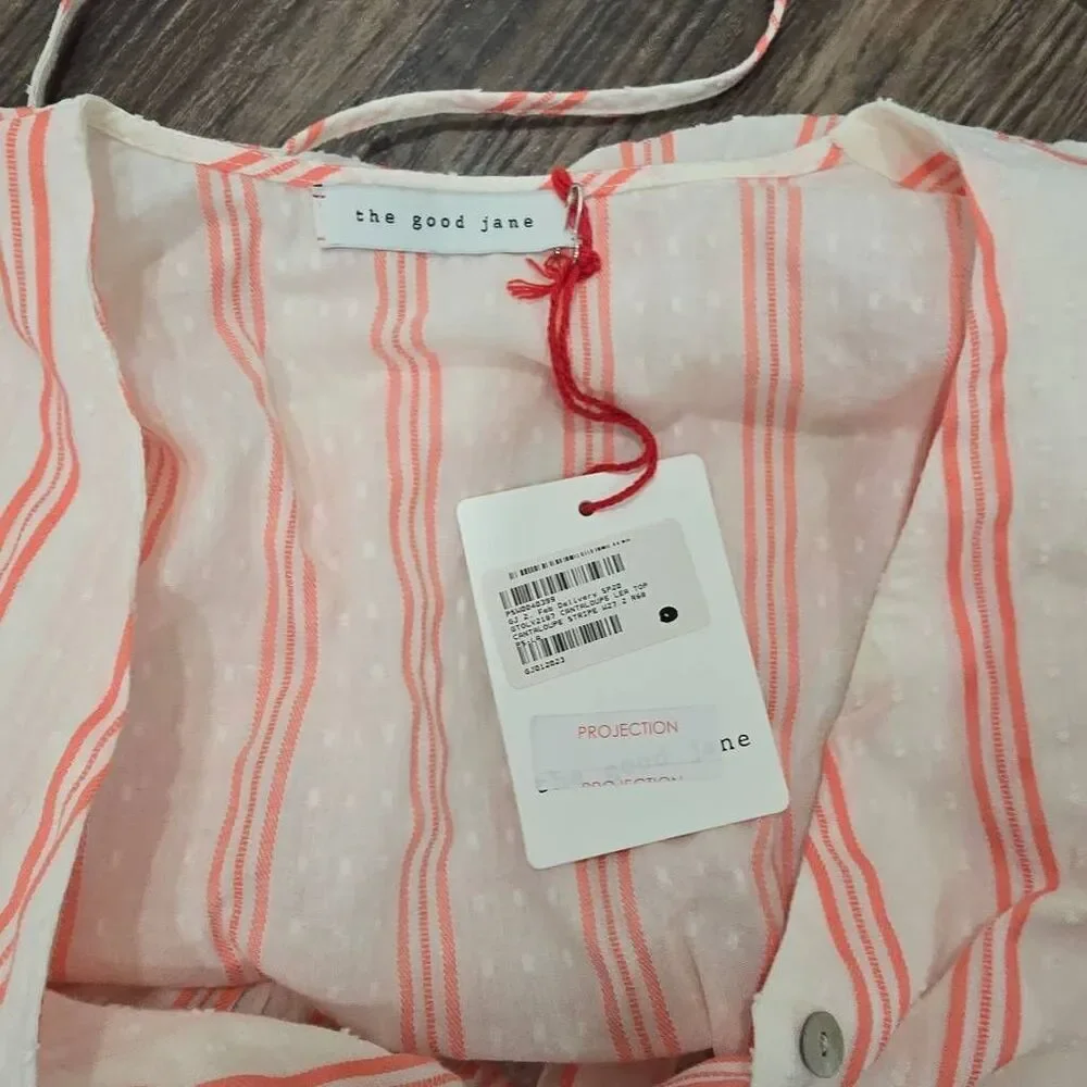 The Good Jane Striped Button Front Peplum Top Puff Sleeve NWOT Size Small (Measu